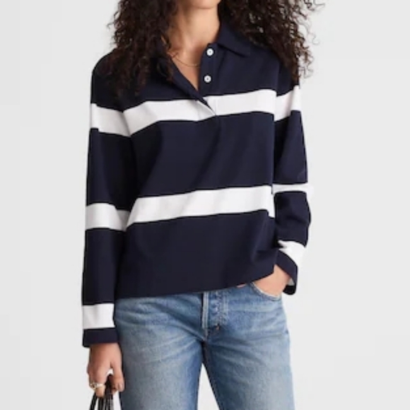 Madewell Rugby Stripe Polo L True Midnight Navy White Stripe NY776 NWOT Sporty - Picture 3 of 8